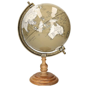 Items Deco Wereldbol/globe op voet - kunststof - taupe - home decoratie artikel - D22 x H33 cm - Wereldbollen