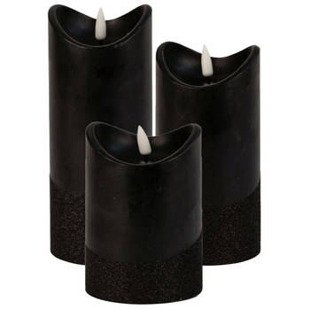 LED stompkaarsen - set 3x st - zwart - warm wit licht - wax - LED kaarsen