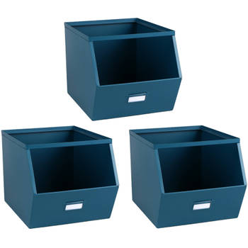 Urban Living Stapelbare opbergmand Open Metal Box - 3x - L23 x B32 x H21 cm - metaal - donkerblauw - Opbergmanden