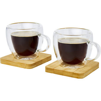 Seasons dubbelwandige koffieglazen 100 ml - set van 8x stuks - met bamboe onderzetters - Koffie- en theeglazen