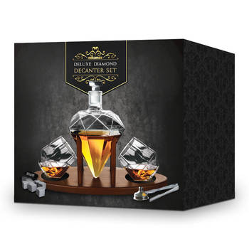 Diamant Whiskey Decanter - Deluxe Uitvoering - Houten Plateau - Incl. Whiskey Glazen, Whiskey Stones, Trechter en