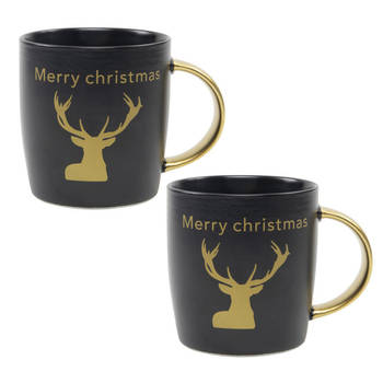 2x stuks kerst thema mokken/bekers zwart/goud Merry Christmas 350 ml - Bekers