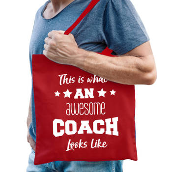 Bellatio Decorations cadeau tas coach - katoen - rood - This is what an awesome coach looks like - Feest Boodschappentas