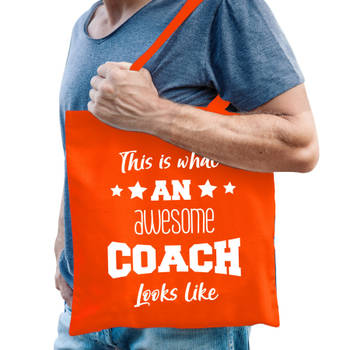 Bellatio Decorations cadeau tas coach - katoen - oranje - This is what an awesome coach looks like - Feest Boodschappent