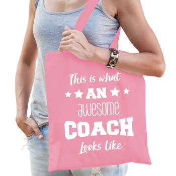 Bellatio Decorations cadeau tas voor coach - katoen - 42 x 38 cm - licht roze - geweldige coach - Feest Boodschappentass