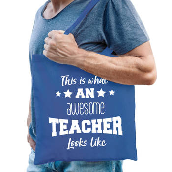 Bellatio Decorations cadeau tas meester - katoen - blauw -This is what an awesome teacher looks like - Feest Boodschappe