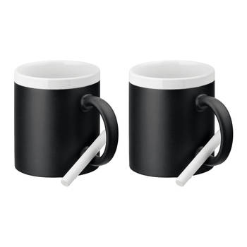 Luxe krijt koffiemok/beker - 2x - wit/zwart - keramiek - met all-over schrijfvlak - 350 ml - Bekers