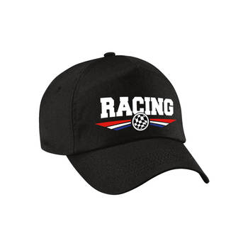 Racing / autosport supporter pet met finish vlag en Nederlandse kleuren zwart voor volwassenen - Verkleedhoofddeksels