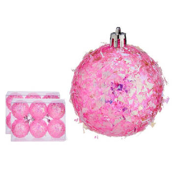 Krist+ kerstballen - 12x stuks - roze - kunststof - glitter - Kerstbal