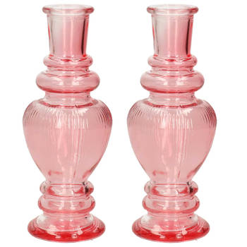 Kaarsen kandelaar Venice - 2x - gekleurd glas - ribbel roze - D5,7 x H15 cm - kaars kandelaars
