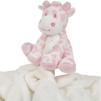 Suki Gifts pluche gevlekte giraffe knuffeldier - tuttel doekje - roze/wit - 30 cm - Knuffeldoek