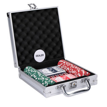 Pokerset in Aluminium Koffer - 100 Poker Chips - Speelkaarten - 5 Dobbelstenen - Dealer Chip
