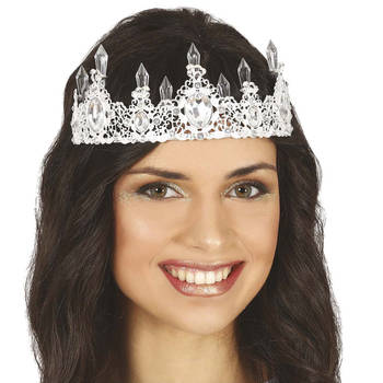 Guircia verkleed diadeem/tiara kroon met edelstenen - zilver - metaal - voor volwassenen - Verkleedhoofddeksels