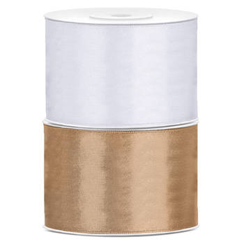 Bellatio decorations 2x rollen satijn sierlint 5 cm x 25 meter goud en wit - Cadeaulinten