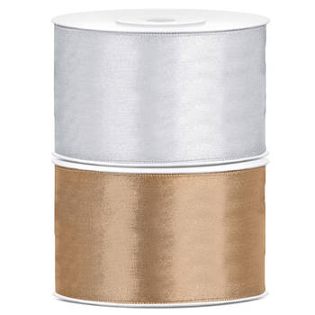 Set van 2 stuks sierlinten/cadeaulinten/satijnen linten goud en zilver 38 mm x 25 meter - Cadeaulinten