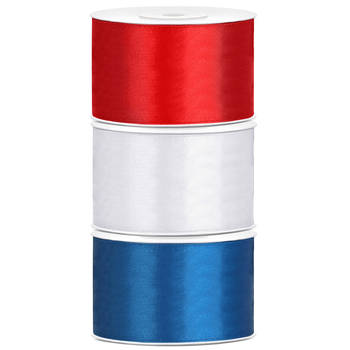 Set van 3 stuks sierlinten/cadeaulinten/satijnen linten rood-wit-blauw 38 mm x 25 meter - Cadeaulinten