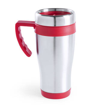 Warmhoudbeker/thermos isoleer koffiebeker/mok - RVS - zilver/rood - 450 ml - Thermosbeker