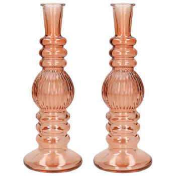 Kaarsen kandelaar Florence - 2x - zacht oranje glas - ribbel - D8,5 x H23 cm - kaars kandelaars