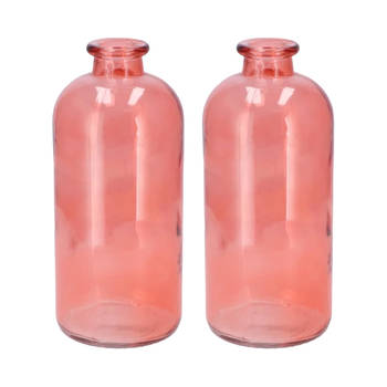 DK Design Bloemenvaas fles model - 2x - helder gekleurd glas - koraal roze - D11 x H25 cm - Vazen