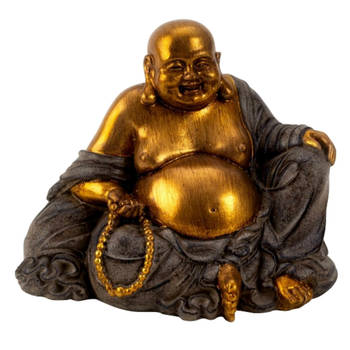 Dikke Happy Boeddha beeldje zittend - binnen/buiten - kunststeen - grijs/goud - 17 x 20 cm - Beeldjes