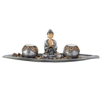 Boeddha decoratie beeldje met 2 kaarshouders op schaal - kunststeen - zilver/bruin - 30 x 11 cm - Beeldjes