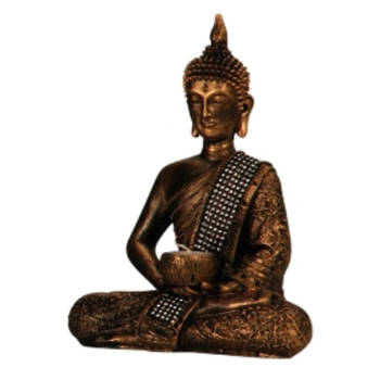 Boeddha decoratie beeldje met kaarshouder - kunststeen - goud - 26 x 20 cm - Beeldjes