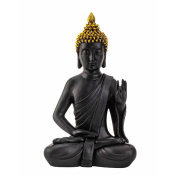 Boeddha beeldje zittend - binnen/buiten - kunststeen - zwart/goud - 31 x 18 cm - Beeldjes
