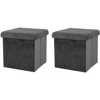 Urban Living Poef/hocker - 2x - opbergbox zit krukje - velvet donkergrijs - polyester/mdf - 38 x 38 cm - opvouwbaar - Po