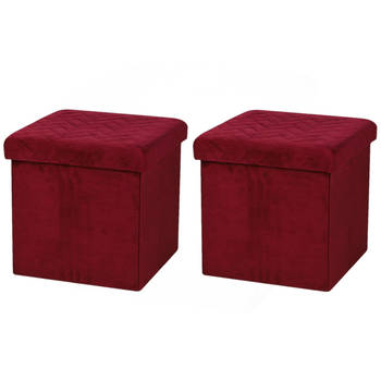 Urban Living Poef/hocker - 2x - opbergbox zit krukje - velvet rood - polyester/mdf - 38 x 38 cm - opvouwbaar - Poefs