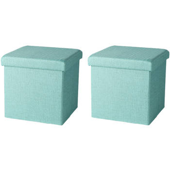 Urban Living Poef/hocker - 2x - opbergbox zit krukje - mintgroen - polyester/mdf - 38 x 38 cm - opvouwbaar - Poefs