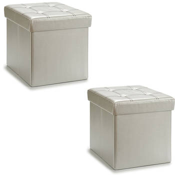 Giftdecor Poef Square BOX - 2x - hocker - opbergbox - zilvergrijs - polyester/mdf - 31 x 31 cm - opvouwbaar - Poefs