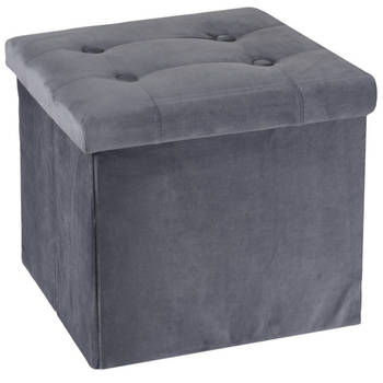 H&S Collection Poef/hocker/krukje - opbergbox - donkergrijs - fluweel polyester - 38 x 38 cm - Poefs