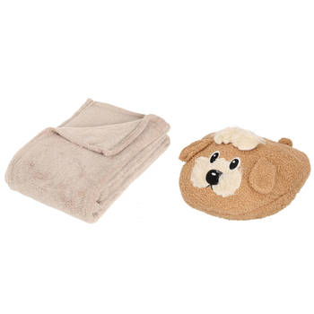 Fleece deken beige 125 x 150 cm met voetenwarmer slof Terrier hond one size - Voetenwarmers