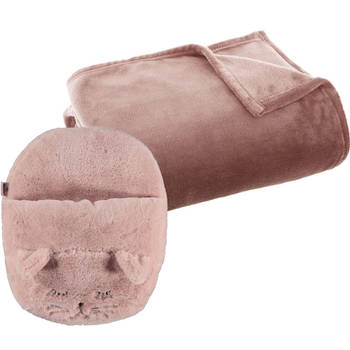 Fleece deken oudroze 130 x 180 cm met voetenwarmer slof poes/kat one size - Voetenwarmers