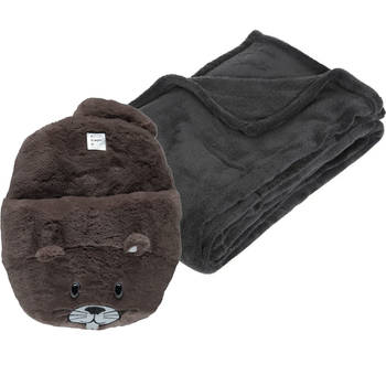 Fleece deken donkergrijs 125 x 150 cm met voetenwarmer slof bever one size - Voetenwarmers