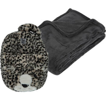 Fleece deken antraciet 125 x 150 cm met voetenwarmer slof cheetah one size - Voetenwarmers