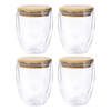 Thermische koffieglazen/theeglazen dubbelwandig - 4x - met bamboe deksel - 250 ml - Koffie- en theeglazen