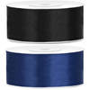 Bellatio decorations 2x rollen satijn sierlint 2.5 cm x 25 meter donkerblauw en zwart - Cadeaulinten