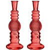 Kaarsen kandelaar Florence - 2x - koraal rood glas - ribbel - D8,5 x H23 cm - kaars kandelaars