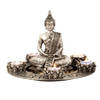 Boeddha beeldje met 5 kaarshouders op schaal - kunststeen - zilver - 27 x 20 cm - deco artikel - Beeldjes