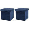 Urban Living Poef/hocker - 2x - opbergbox zit krukje - velvet donkerblauw - polyester/mdf - 38 x 38 cm - opvouwbaar - Po