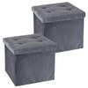 H&S Collection Poef/hocker/krukje - 2x - opbergbox - donkergrijs - fluweel polyester - 38 x 38 cm - Poefs