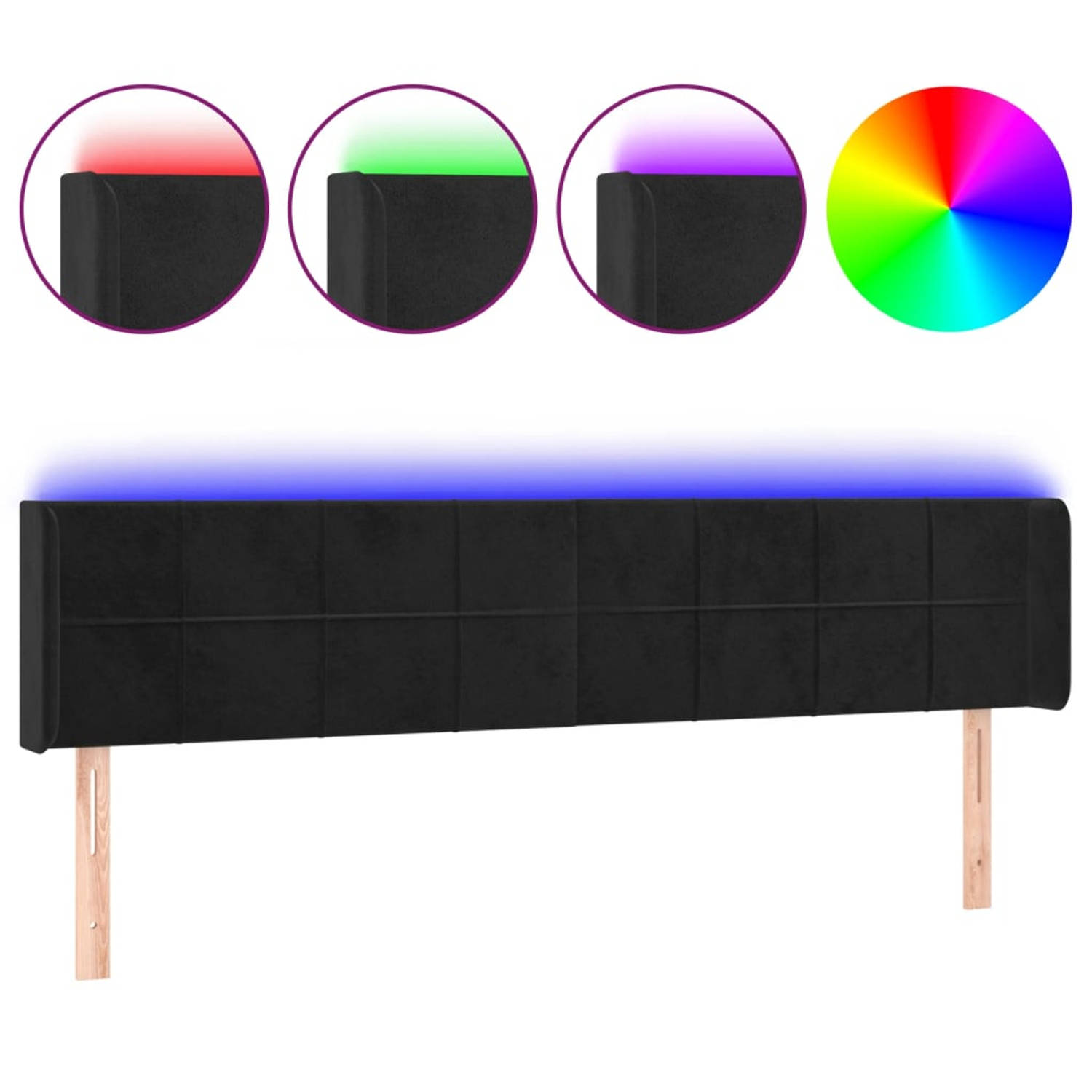 The Living Store Hoofdbord LED Zwart - 183 x 16 x 78/88 cm - Verstelbaar - Fluweel - Kleurrijke LED-verlichting - Snijdbare LED-strip - USB