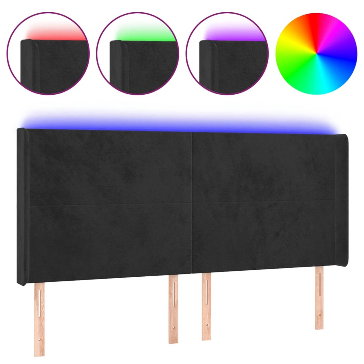 The Living Store Hoofdbord - LED - Zacht fluweel - Verstelbare hoogte - Comfortabele ondersteuning - Snijdbare LED-strip - Zwart - Afmetingen- 183 x 16 x 118/128 cm - IP65 - Met sc