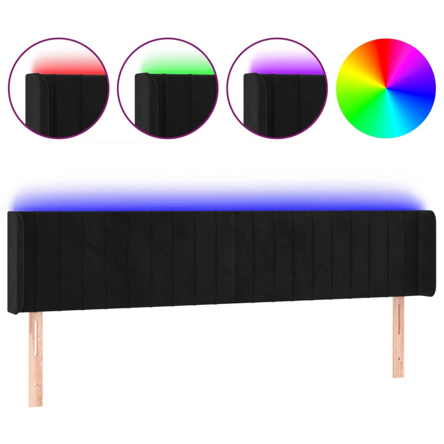 The Living Store Hoofdbord LED zwart - 163x16x78/88 cm - verstelbare hoogte - zacht fluweel - comfortabele ondersteuning - kleurrijke LED-verlichting - snijdbare LED-strip