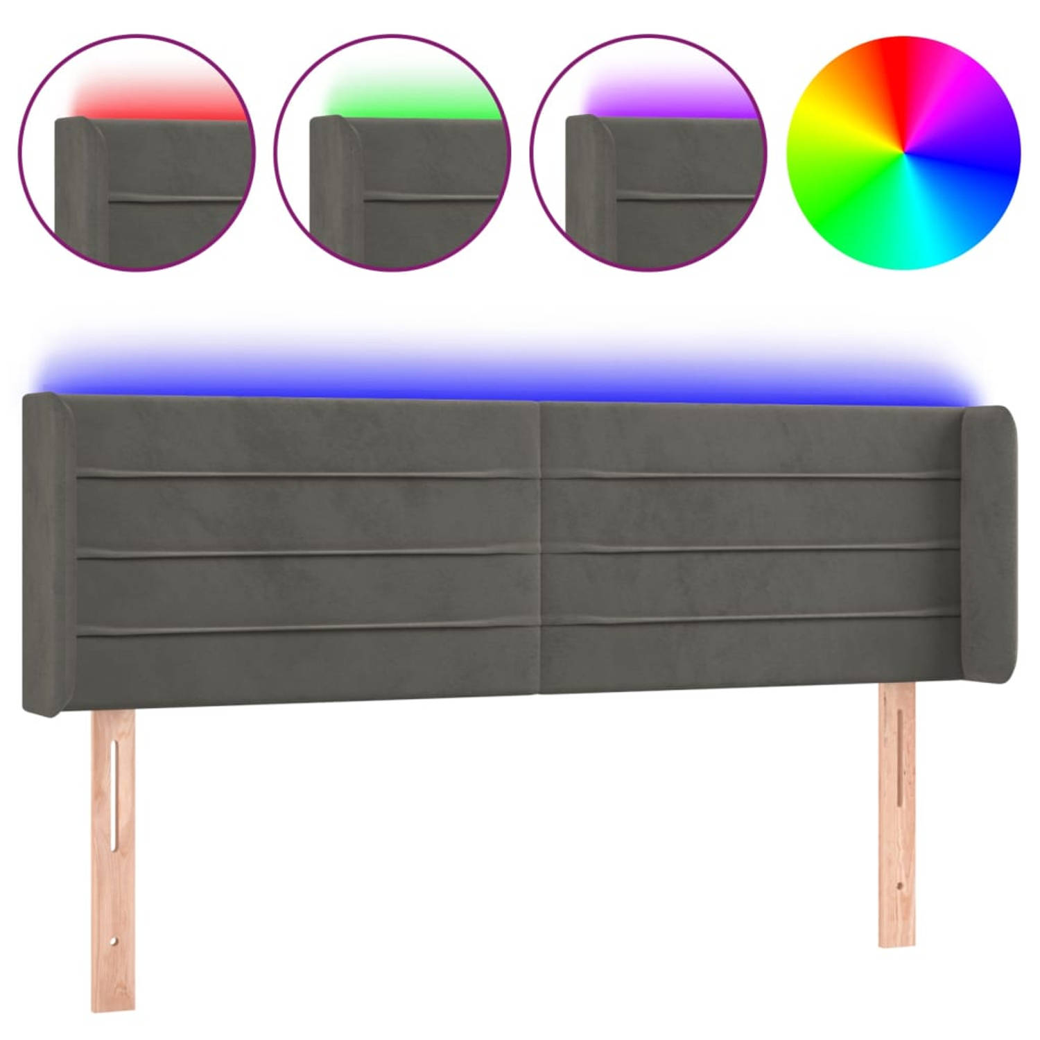 The Living Store Hoofdbord - Klassiek LED - Bedhoofdeinden - Afmeting- 147 x 16 x 78/88 cm - Ken- Zacht fluweel - Kleurrijke LED-verlichting - Verstelbare hoogte - Comfortabele ond