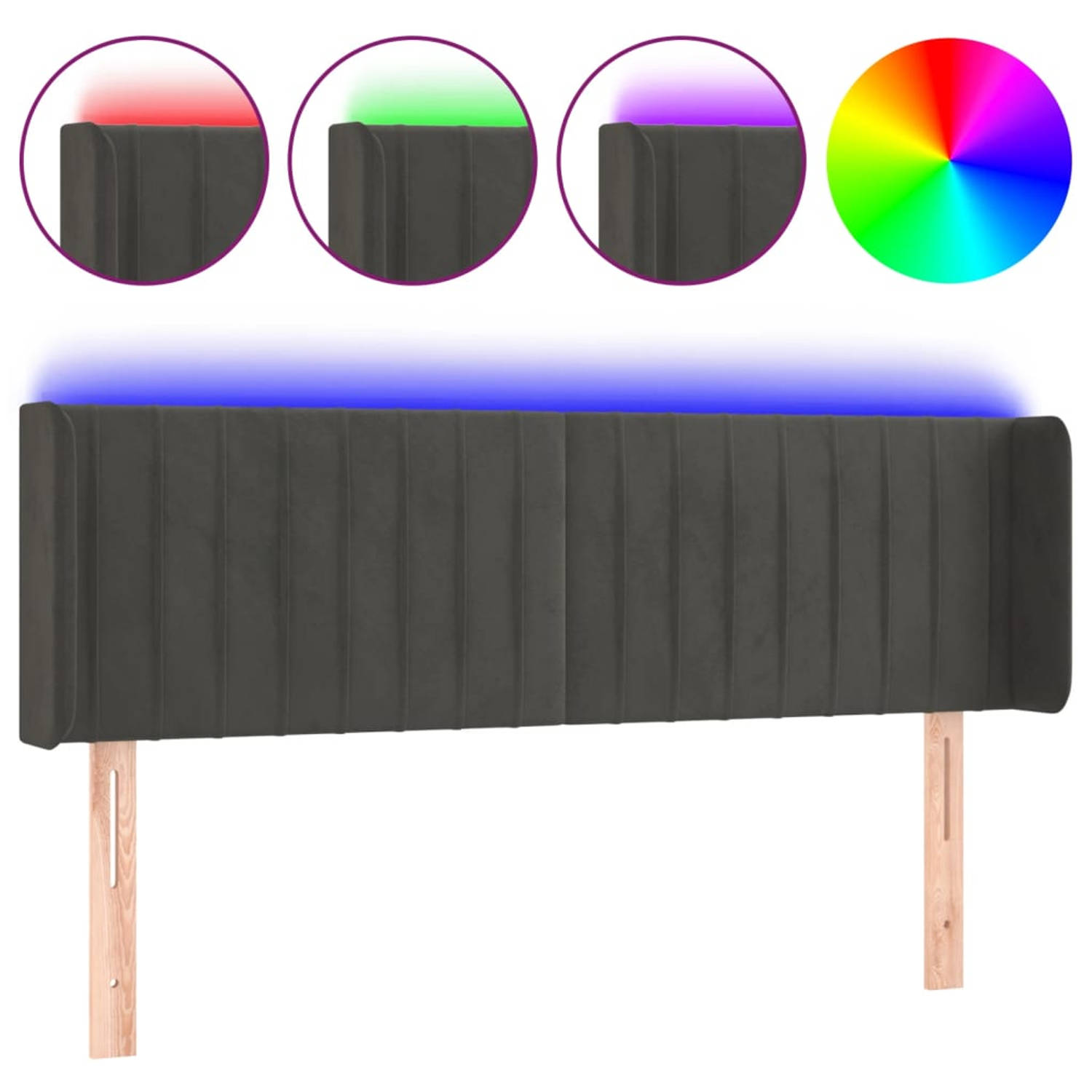 The Living Store Hoofdbord LED donkergrijs - verstelbaar - 147 x 16 x 78/88 cm - fluweel - kleurrijke LED-verlichting