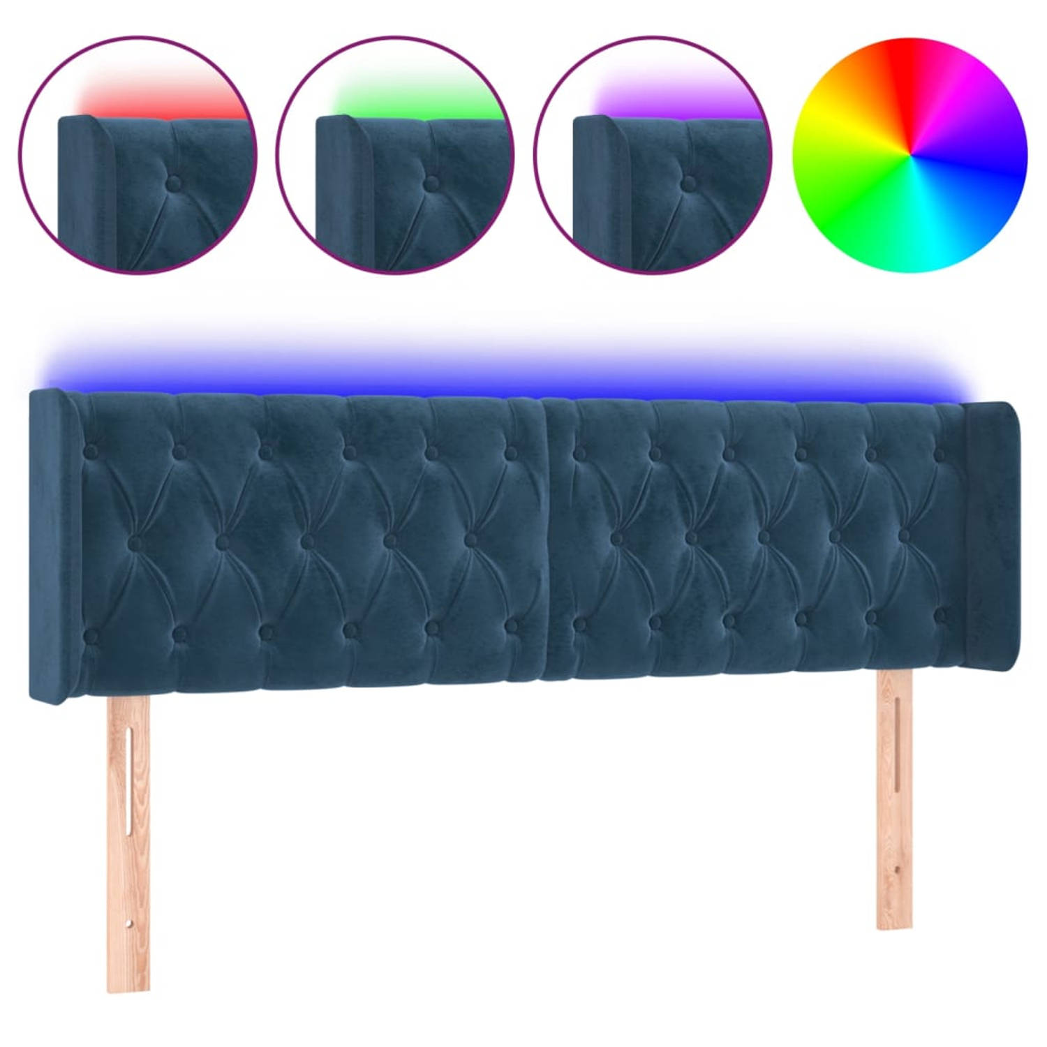 The Living Store Hoofdbord - LED - Zacht fluweel - Verstelbare hoogte - Comfortabele ondersteuning - Snijdbare LED-strip - Donkerblauw - 147 x 16 x 78/88 cm - 2 LED-strips