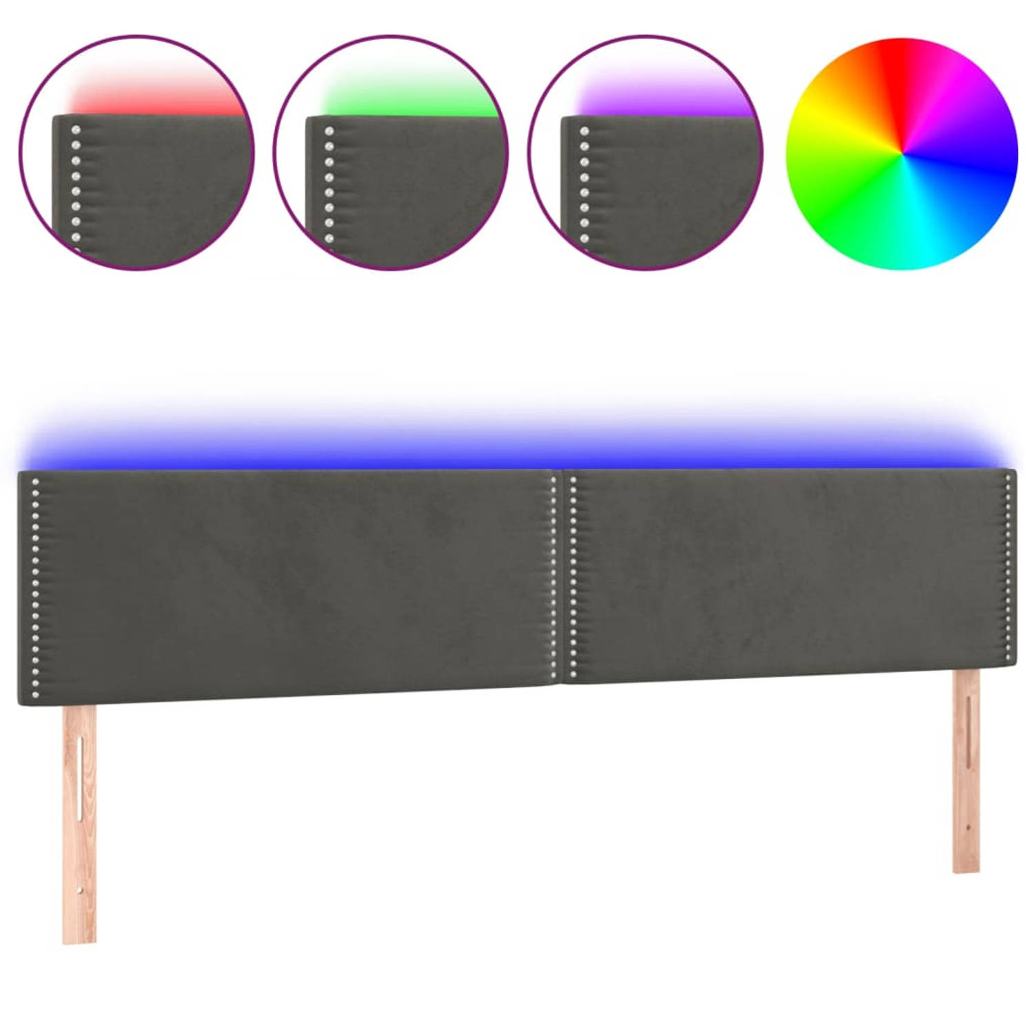 The Living Store Hoofdeind - LED-hoofdbord - Zacht fluweel - Kleurrijke LED-verlichting - Verstelbare hoogte - Comfortabele ondersteuning - Snijdbare LED-strip - Donkergrijs - 200