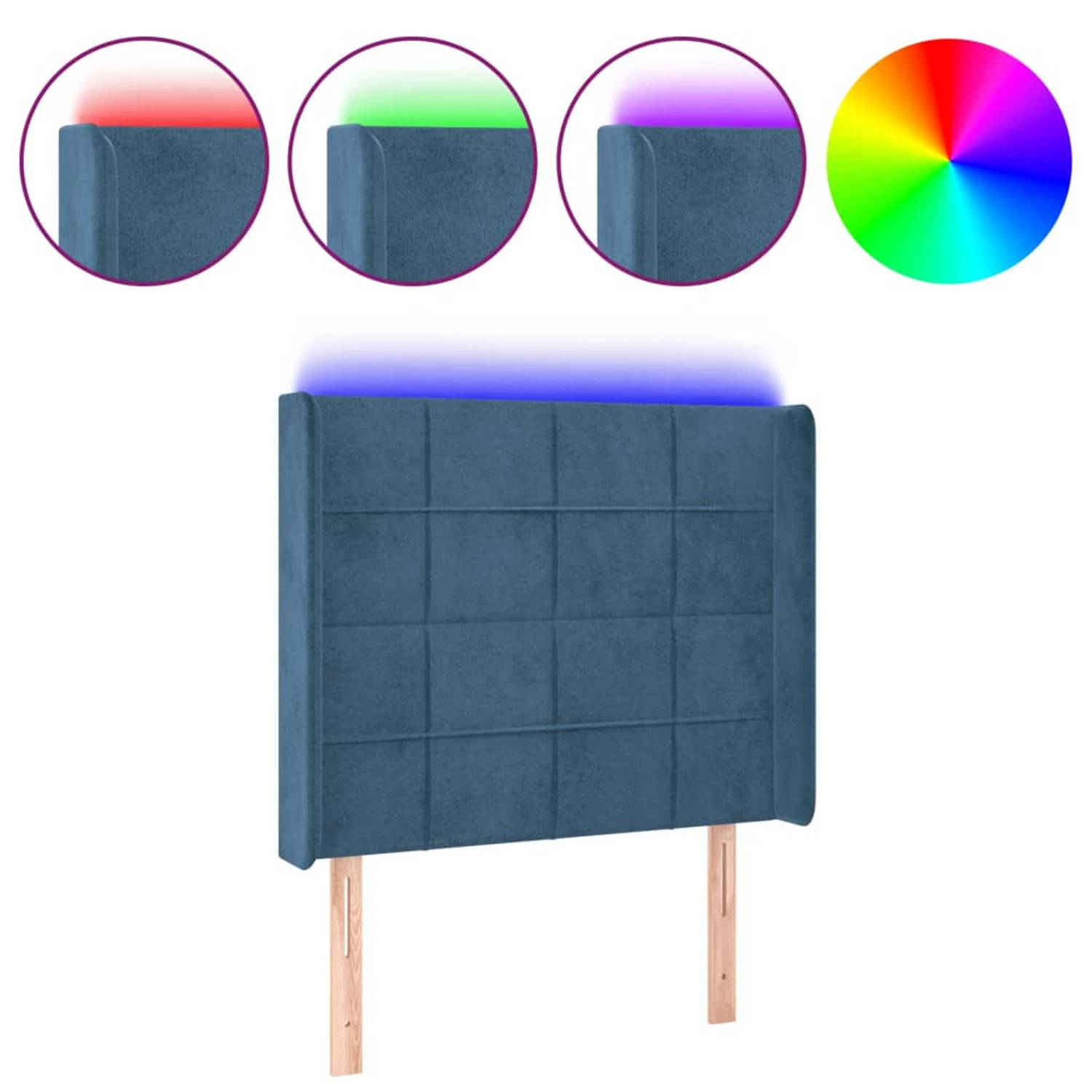 The Living Store Donkerblauw LED-hoofdbord - 103x16x118/128 cm - Zacht fluweel - Kleurrijke LED-verlichting - Verstelbare hoogte - Comfortabele ondersteuning - Snijdbare LED-strip